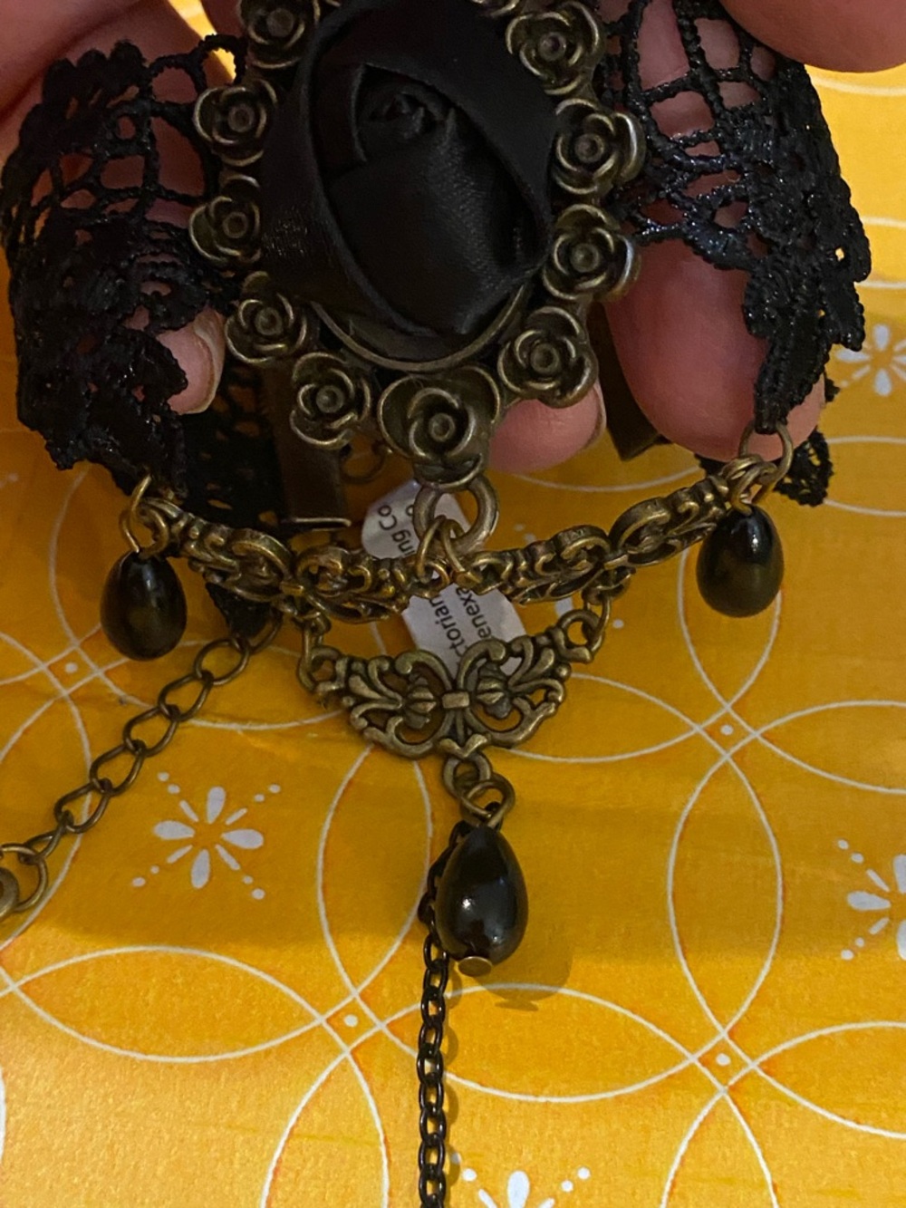 Black Lace Rose Bracelet with Connecting Ring. Antique Brass Accents - Picture 6 of 9
